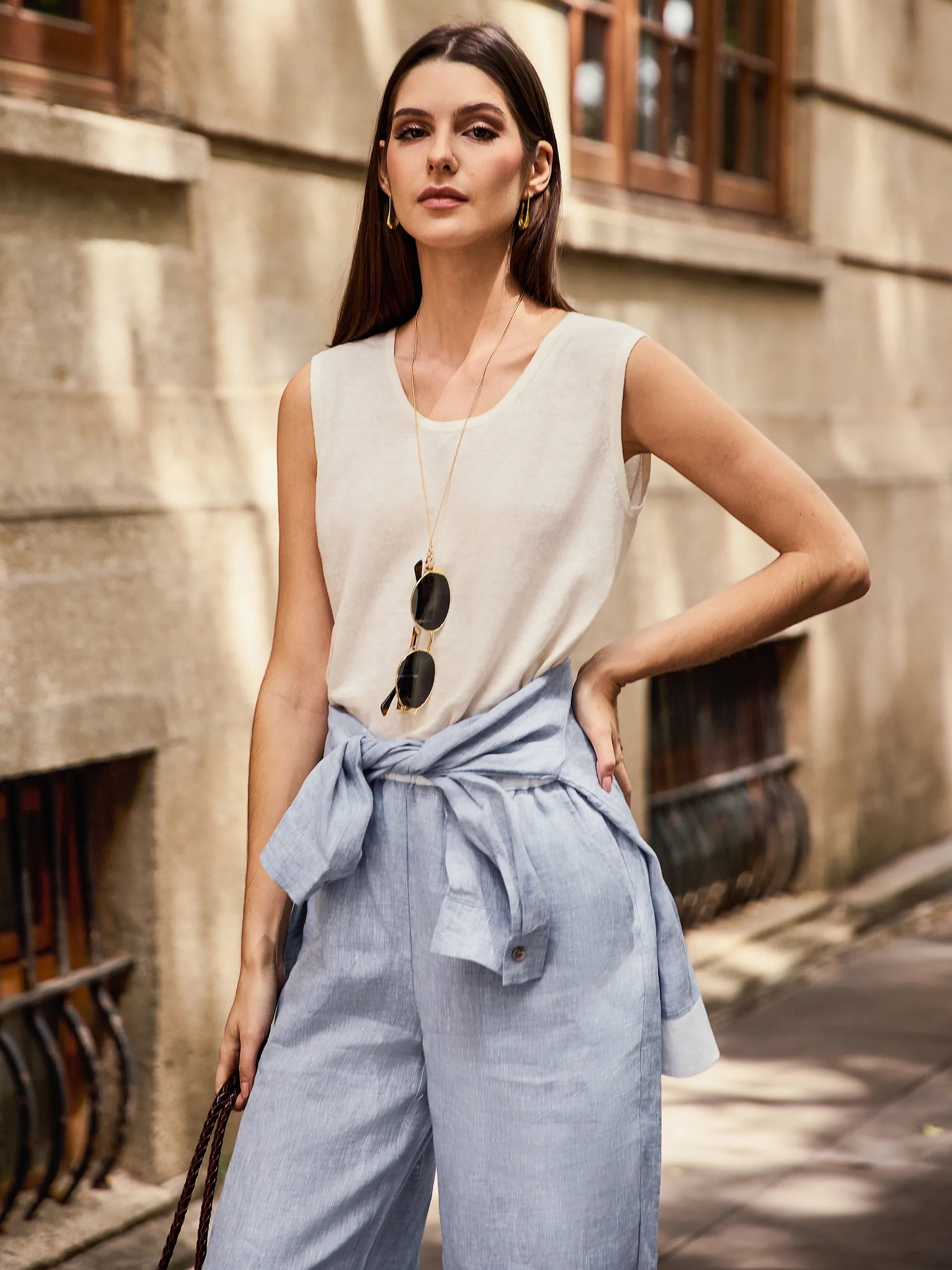 100% Linen Elastic Waist Straight-Leg Trousers JOURDAN