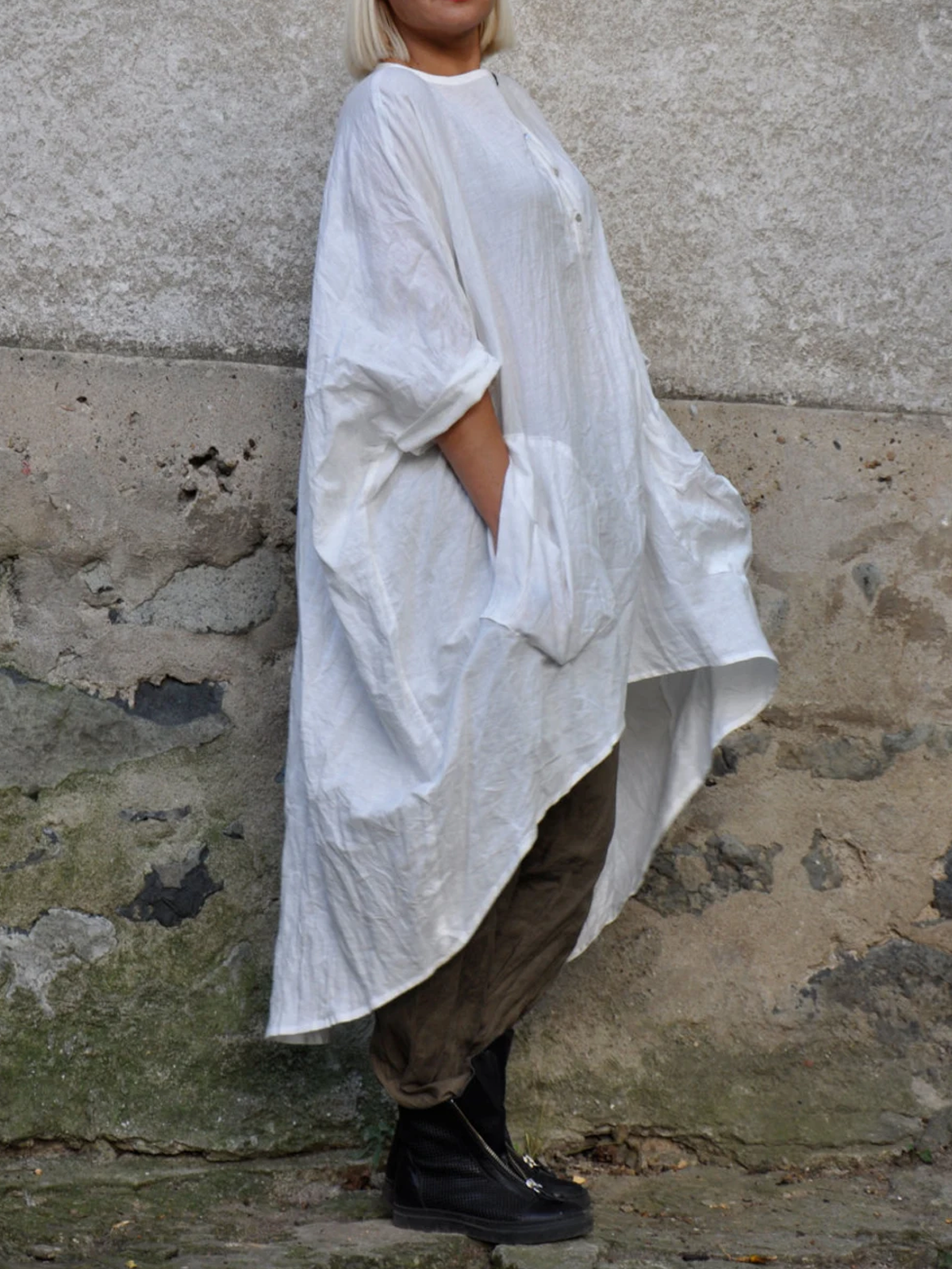 Cotton And Linen Crew Neck Plain Three Quarter Sleeve Blouse