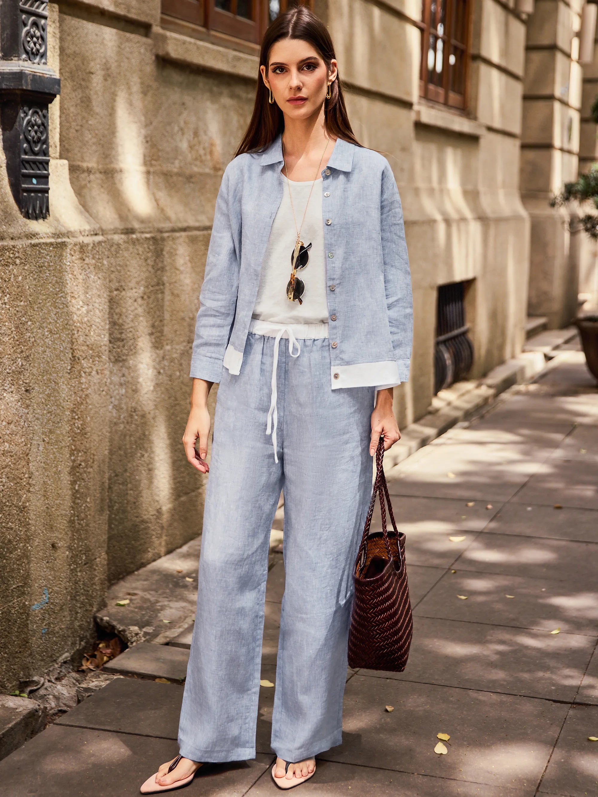 100% Linen Elastic Waist Straight-Leg Trousers JOURDAN