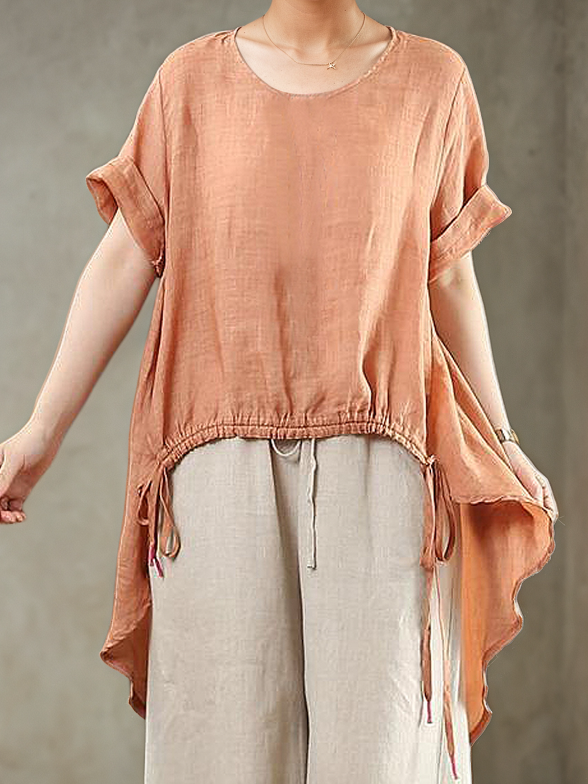 Linen Crew Neck Plain Short Sleeve Blouse
