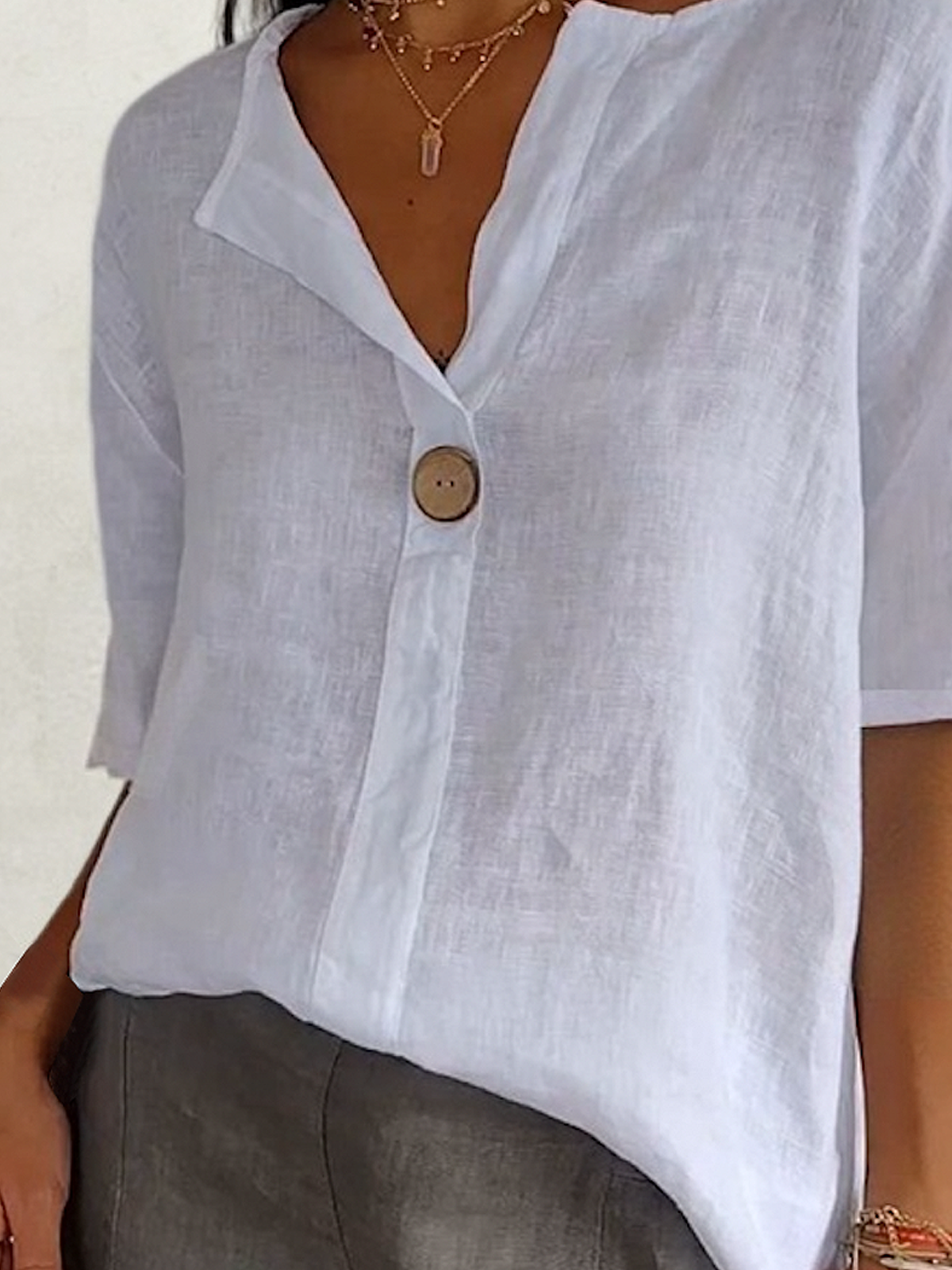 Linen Crew Neck Plain Short Sleeve Blouse