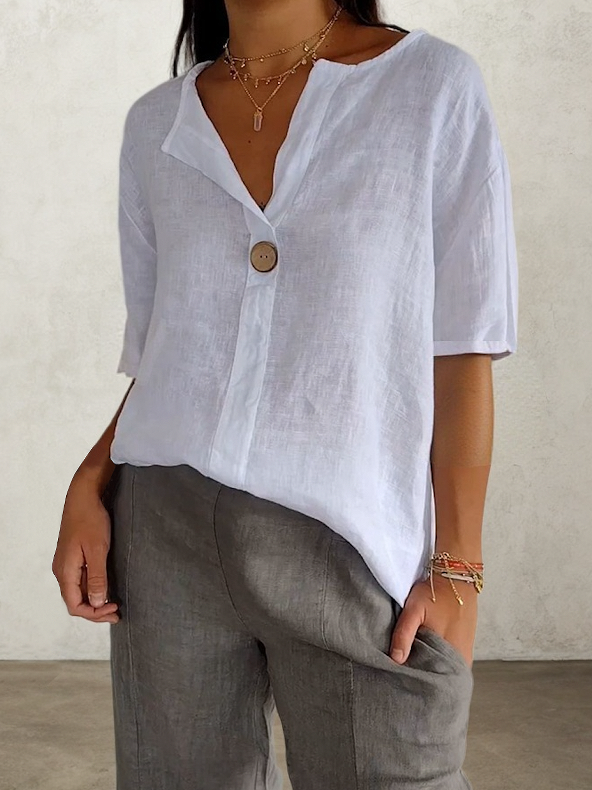 Linen Crew Neck Plain Short Sleeve Blouse