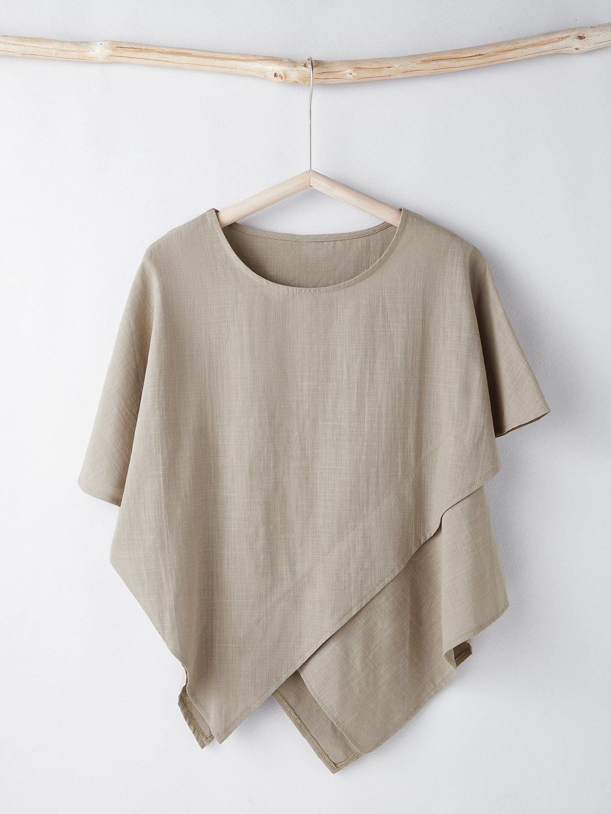 Cotton And Linen Crew Neck Plain Short Sleeve Blouse