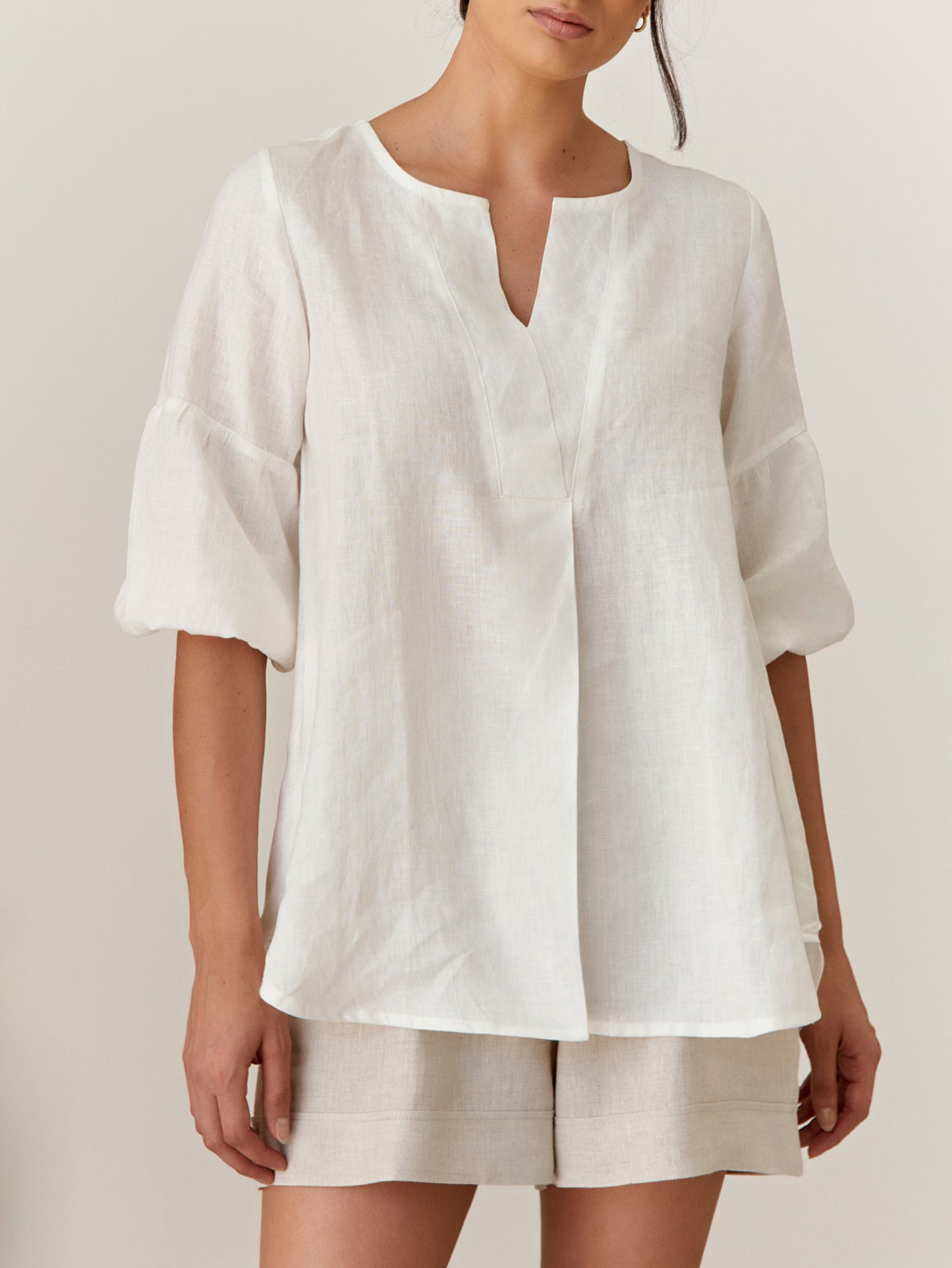 Cotton And Linen Notched Plain Half Sleeve Blouse