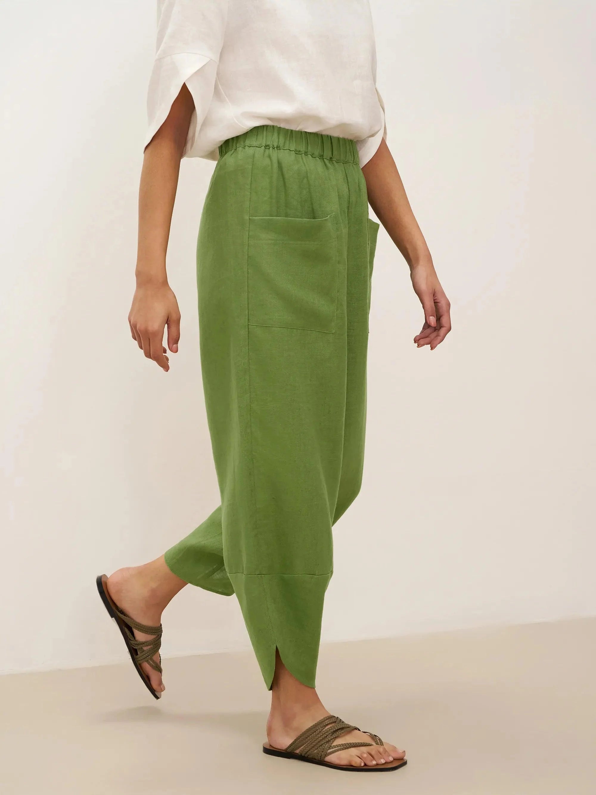 100% Linen Petal-Hem Trousers with Elastic Waist LIV